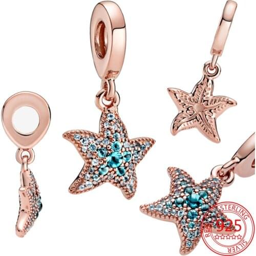 Hot Sale 100% 925 Sterling Silver Rose Gold Blue Starfish Charm Fit Pandora Bracelet&Bangle Fashion for Women DIY Jewelry Gift