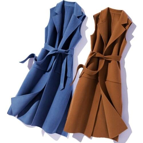 Woolen vest spring autumn new mid-length large size loose fashion Split suit collar belt slim solid color Cardigan vest D265