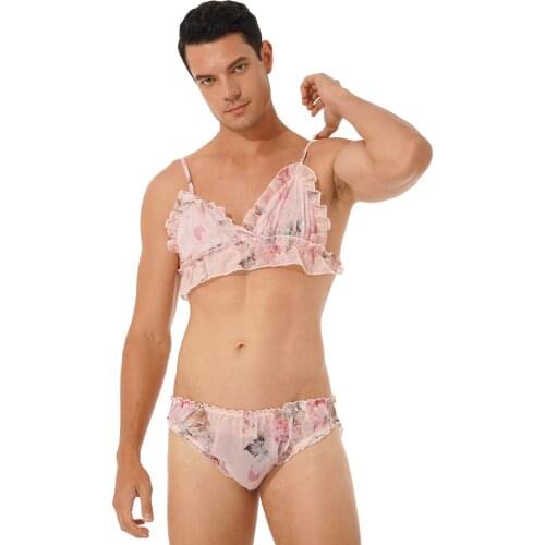 Chiffon Two-Piece Lingerie Set Men Flower/Strawberry Printi Ruffle Sissy Exotic Nightwear Adjustable Straps Bra Tops with Briefs