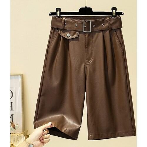 England Style Pu Leather Shorts Female High Quality Wide Leg Faux Leather Shorts High Waist Plus Size Loose Short Pants Women