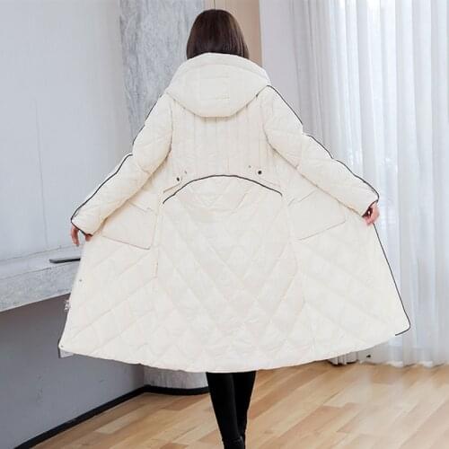 Quilted Women Long Winter Jacket Solid Pockets Ladies Casual Down Coats Button Design Hooded Warm Parkas Outwear for Female