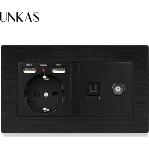 UNKAS Aluminum Metal Panel EU Standard Wall Socket With Dual USB Charge Port + RJ45 Internet Computer Jack Female TV Outlet