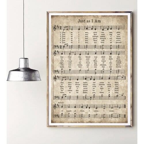 Vintage Sheet Music Poster Just As I Am Antique Hymn Page Print Christian Wall Art Canvas Painting Picture Farm House Decor