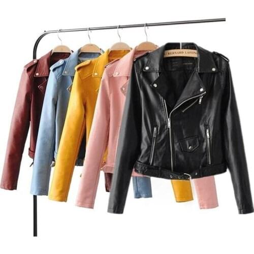Women Solid Color Slim Fit Jacket Coat Long Sleeve PU Leather Zipper Top Blouse