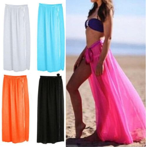 Women SwimWear Cover Up Sheer Beach Mini Wrap Skirt Sarong Pareo Long Maxi Skirt Side Split Skirt Solid Transparent Chiffon