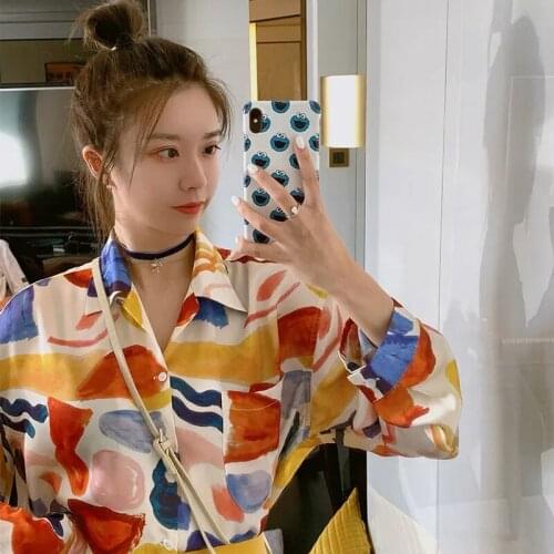 2021 Spring Casual Graffiti Print Oversize Womens Tunic Shirt Blouse Long Sleeve Ladies Tops Plus Size Button Up Female Tops