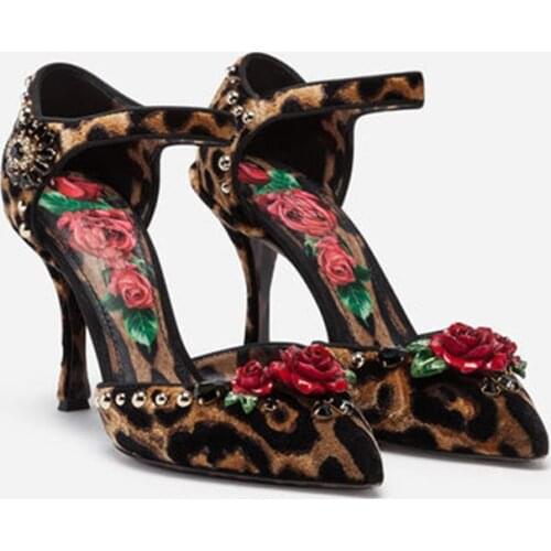 Autumn Womens Pumps horsehair Leopard Rose Decor High Heels Female Rhinestones Buckle Strap Rivets Designers Zapatillas Mujer