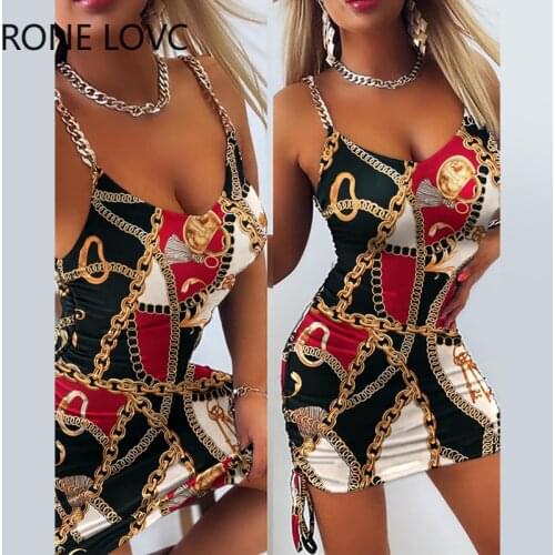 Women Cami Chain Shirring Graphic Mini Bodycon Sexy Party Dresses