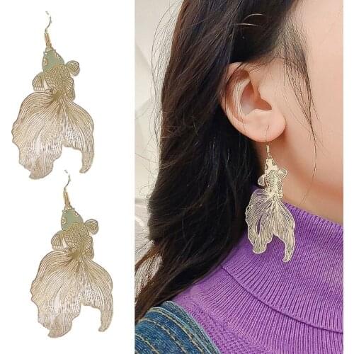Golden Tone Koi Goldfish Animal Drop Earrings Feather Filigree Dangle Statement Earrings Goldfish Thin Copper Drop Shipping