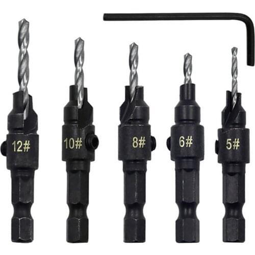 5Pcs Countersink Drill Bits 1/4 Inch Hex Shank + 1Pc Hex Key Metal Woodworking Screw Holes