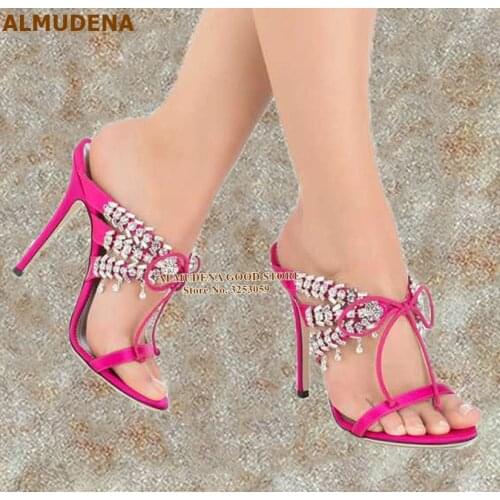 ALMUDENA Bling Bling Crystal High Heel Sandals Fuchsia Satin Cloth Cross Strappy Butterfly Wedding Shoes Pink Stiletto Heels