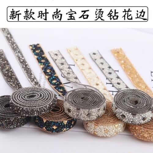 Hot drilling Wedding dress accessories Pearl Beaded Lace Trim fabric applique patches Iron on Sew on diamond chain 2.0cm Width