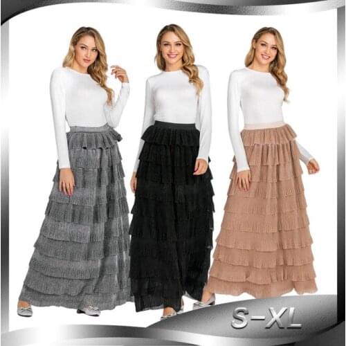 Elegant Long Pleated Skirt Tassels Muslim Bottoms Skirts High Waist Skirt Ramadan Party Worship Service Islamic Clothing