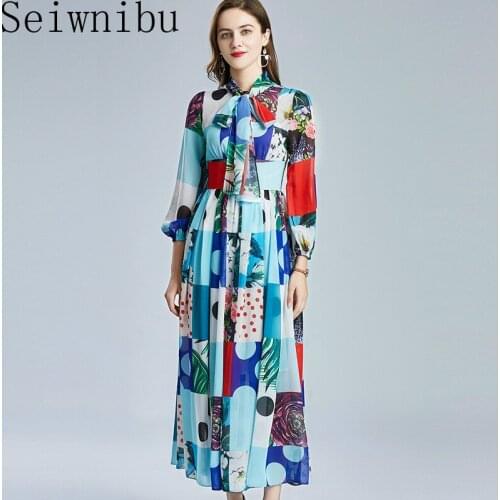 Seiwnibu Printed Hit Color Dress For Female Bowknot Collar Lantern Sleeve High Waist Elegant Dresses Female Fashion New Tide