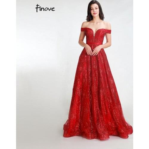 Finove Sexy Deep V-neck Prom Dresses 2020 Red Simple Sparkly Sequined Off The Shoulder Floor Length Long Dress Gowns For Party