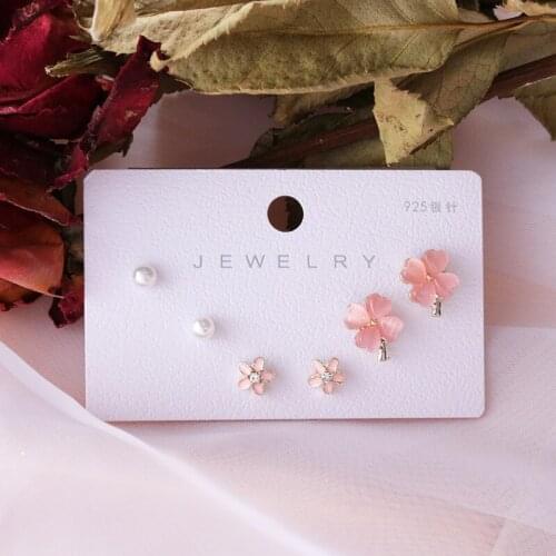 Boho Pink Opal Leaf Enamel Flower Pearl Stud Earrings Set 3 Pairs Wholesale Women Charming Earrings Fashion Jewelry bijoux femme