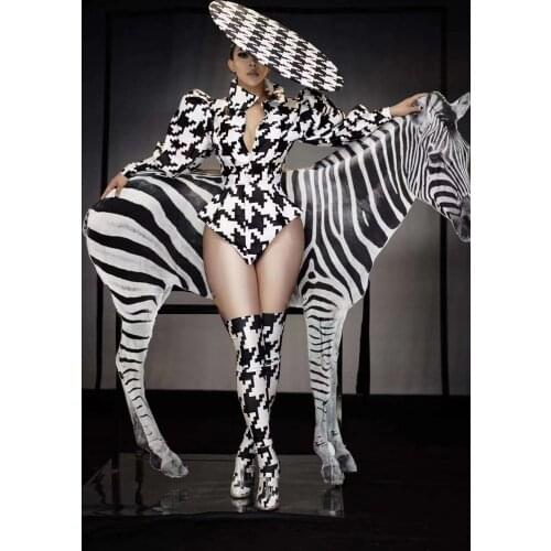 Performance Outfit Costume Sets Houndstooth Puff Sleeve Bodysuits Women Bar Night Club Party Celebrate Stage Wear Jazz Dance