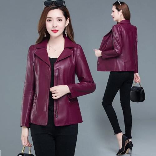 PU Faux Leather Jacket Women Spring Slim Biker Jackets Female Outwear Tops Purple Black Leather Jacket Streetwear Coat Y484