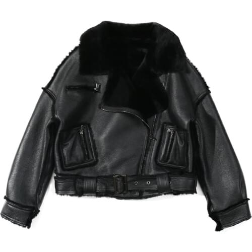 Womens Jacket Leather Sheepskin Black Moto&Biker Zip Fly Collar Lapel Neckline Winter Thick Womens Short Jacket