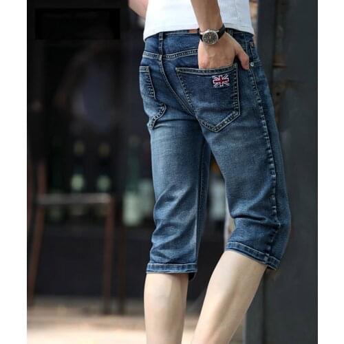 Summer 2020 Fashion thin feet cropped pants men embroidery hip hop teenagers breeches Slim stretch mens denim calf length jeans