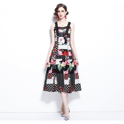 Menahem 2021 Runway Vintage Polka Dot Flower Leopard Print Adjustable Strap Summer Dress Women Bohemian Floral Vacation Vestidos