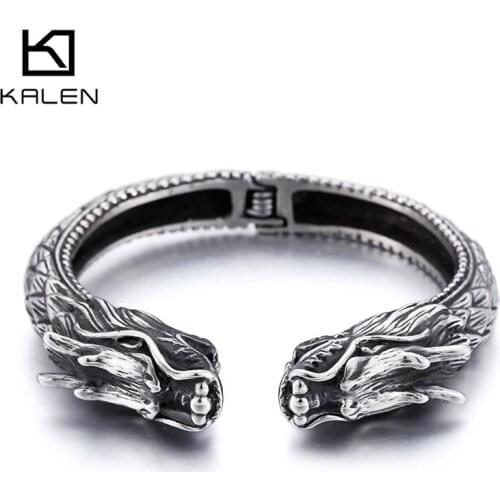 Kalen Double-Headed Dragon Carved Exquisite Open Bangles Stainless Steel Mens Bracelet Jewelry