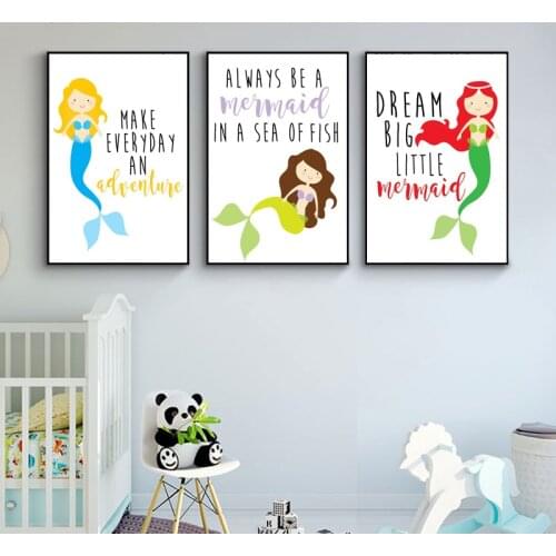 Nursery Wall Art Canvas Posters Mermaid Print Cartoon Canvas Painting Decoration Picture Nordic Baby Girls Bedroom Decor