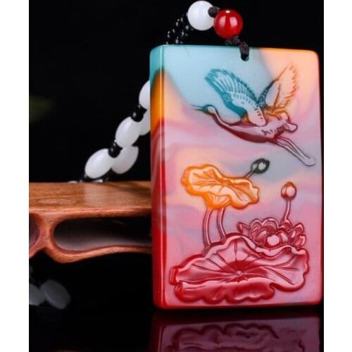 Natural Colorful Jade Hand-carved Chicken Blood Color Crane Lotus Pendant Fashion Boutique Jewelry Men and Women Necklace Gift