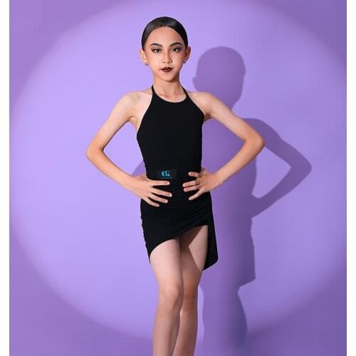 2021 Latin Dance Clothes New Summer Children Sling Blue/Black Dress Professional Modern Standard Dance Stage Clothing DWY5932