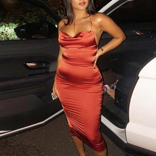 NORMOV New Women Elastic Slim Fit Solid Color Dress Sexy Summer Open Back Sleeveless Sling Party Pencil Mid-Calf Dress