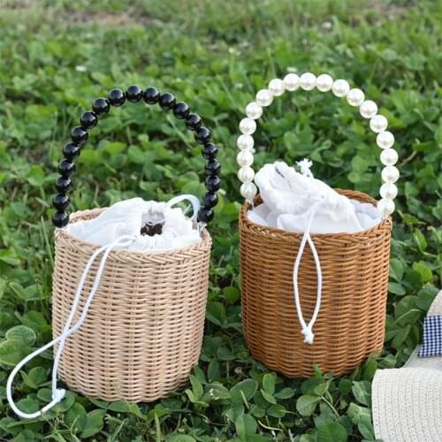 Portable Round Rattan Woven Storage Bag with Pearl Handle Rattan Basket Picnic