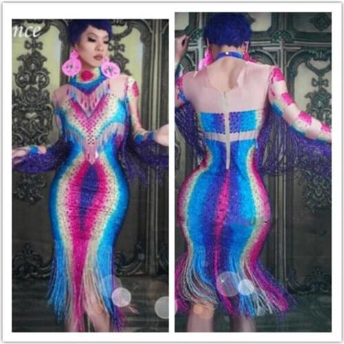 Rhinestones Colorful Fringes Perspective Dress Evening Celebrate Spandex Dresses Tassel /dj/club dance Costume Dance Dress