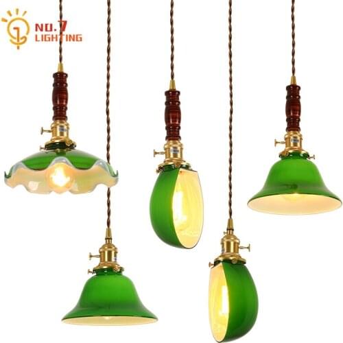 Japanese Retro Vintage Brass Wood Green Glass Pendant Lights Home Decor Loft Kitchen Light Fixtures Living Room Bedroom Bedside