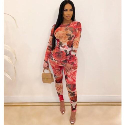 Flower Floral Print Sheer Mesh 2 Piece Set Women Fall T Shirt Top and Pants Suit Sexy Party Club Outfits Matching Sets Conjuntos