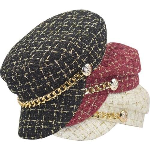 Women Hats Tweed Plaid Newsboy Caps Chain Flat Cap Vintage Plaid Military Cap Female Hats