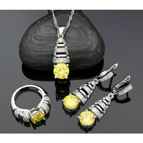 925 Sterling Silver Bridal Jewelry Sets for Women Wedding Yellow Cubic Zirconia Earrings Necklace Pendant Ring Set