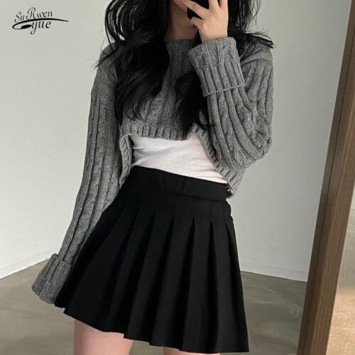 Autumn and Winter Women Tops Twist Knit Hollow Out Top Sweater Arc Short Pullover Solid Round Neck Sweater Women 16379
