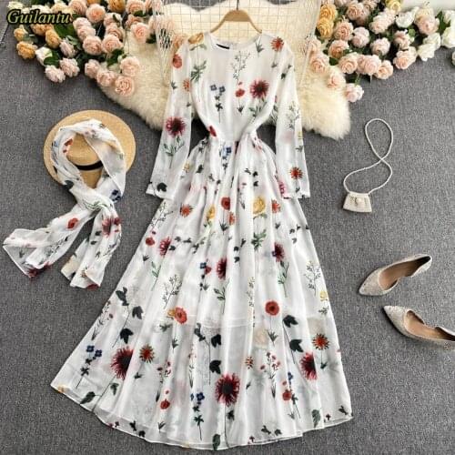 Guilantu Bohemian Beach Maxi Dress Women Summer Print Floral Chiffon White Dress Elegant Evening Party Long Dresses Vestidos