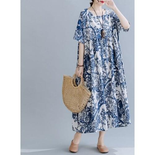 Print Floral Vintage Chinese Style Dress Short Sleeve Cotton Linen Loose Summer Dress Women Holiday Travel Casual Long Dress