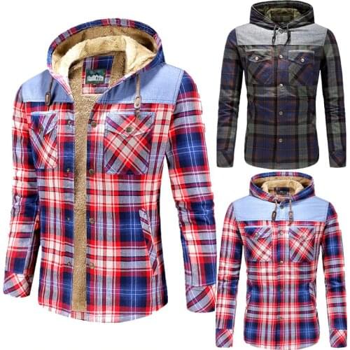 Winter Shirt Men Plaid Shirt for Men Fleece Thick Warm Corduroy Shirt Pure Cotton Hooded Leisure England Camisas Para Hombre
