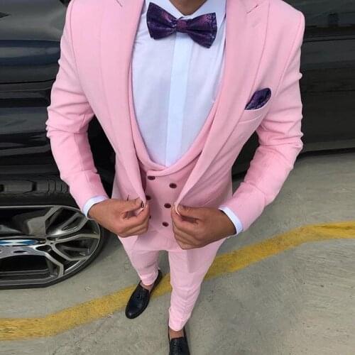 2021 Formal Pink Mens Wedding Tuxedos Custom Made Slim Fit 3 Pieces Prom Party Male Dress Groomsman Groom Suits Jacket Pant Vest