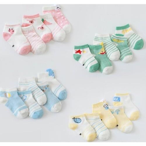 5 Pairs Lot Baby Short Cotton Socks With Animal Print Kid Boys Girls Newborn Infant Summer Mesh Thin Funny Cartoons Stripe Socks