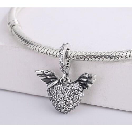 925 Sterling Silver CZ Transparent Zircon Heart-Shaped Angel Wings Pendant Charm Bracelet Jewelry Making For Original Pandora