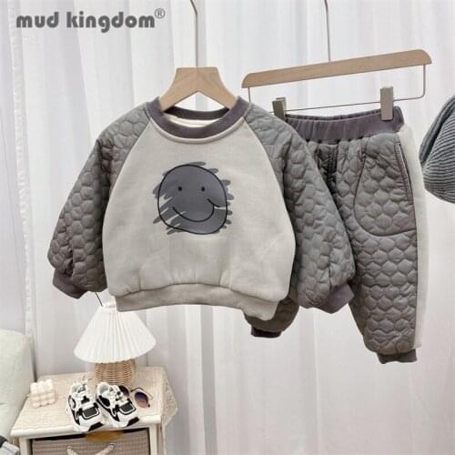 Mudkingdom Kids Sweatshirt Jogger Sets Smiley Plus Velvet Patchwork Tops Solid Pocket Pants Winter Sets for Boy Girls Outfits