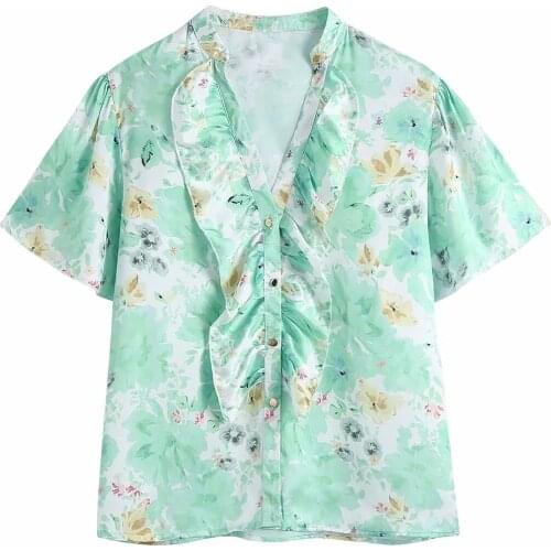 Floral Shirt Ruffles V Neck Fashion Ladies Top Short Sleeve Summer Loose Elegant Chic Blouse Blusas Mujer 2021