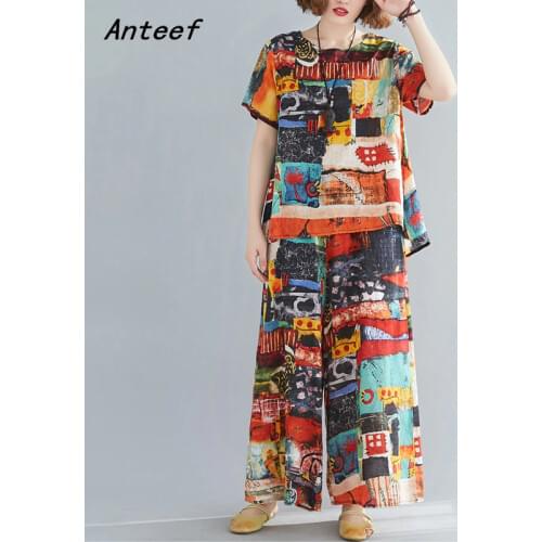 Cotton plus size vintage summer casual 2 two piece set loose tee t shirt women t-shirt ladies tshirt 2021 tops wide leg pants