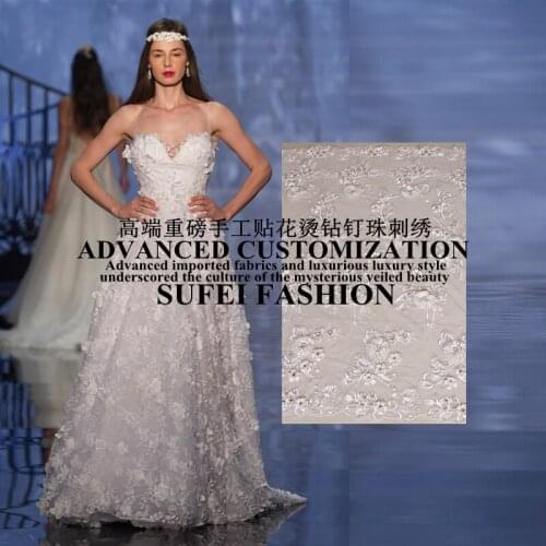 Quality handmade 130cm wide beige beading floral embroideried applique net lace dress cheongsam fabric S111