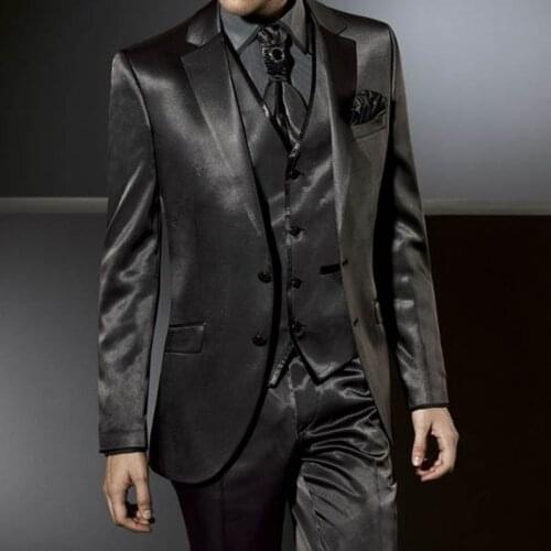 ANNIEBRITNEY 3 Piece Slim Fit Satin Men Formal Suit Custom Groom Wedding Tuxedo Black Satin Prom Wedding Men High End Suit Set