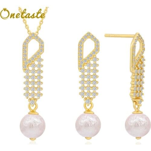 925 Sterling Silver Pearl Glittering Zircon Jewelry Sets Necklace Earrings Chic Geometric Trendy Fine Jewel Girl Women Gift