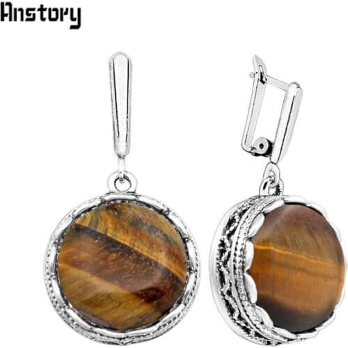 Round Natural Tigers Eye Earrings Antique Silver Plated Vintage Look Earrings Fashion Jewelry TE178